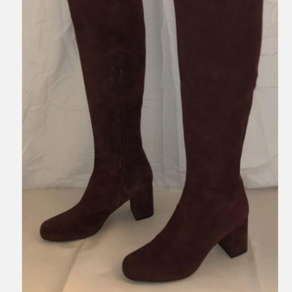 37.5/7❤️SAINT LAURENT Burgundy SUEDE Leather Low Heel OVER THE KNEE Tall BOOTS - Picture 3 of 11